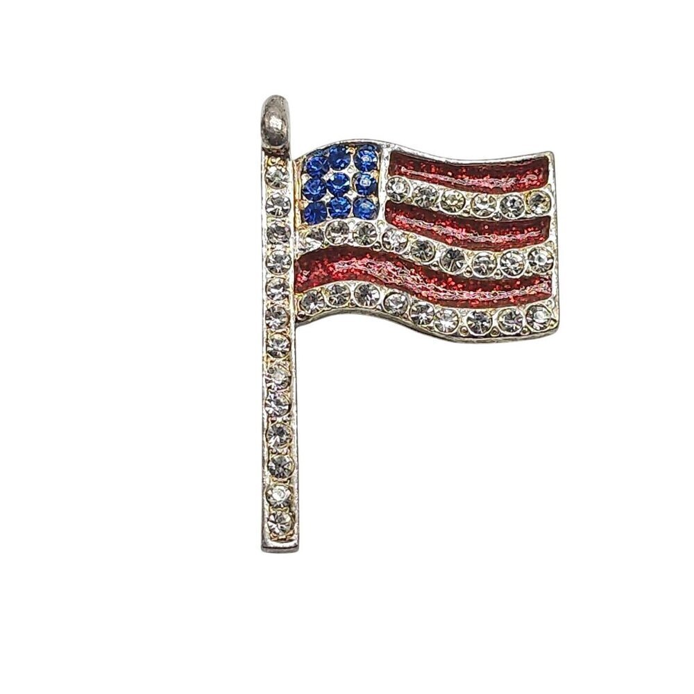 American Flag Rhinestone Enamel Brooch Pin Silver Tone